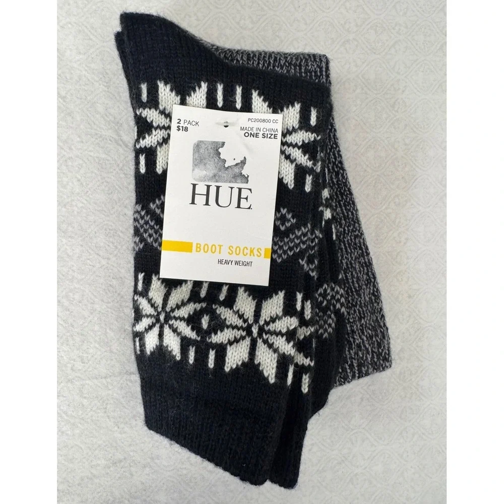 Hue Womens 2-Pack Heavy Weight‎ Boot Socks Black Fair Isle Marled Grey New